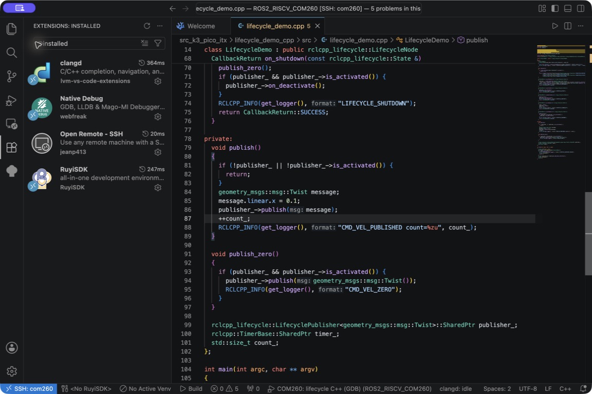 Mac VSCodium 本地安装 Remote-SSH、RuyiSDK；SSH: com260 端安装 clangd、Native Debug 与 RuyiSDK。