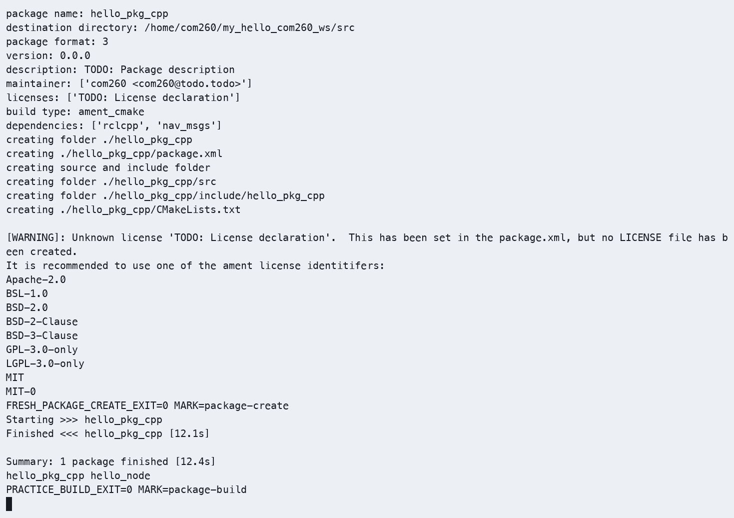 COM260 独立工作空间构建 hello_pkg_cpp 成功，退出码 0。