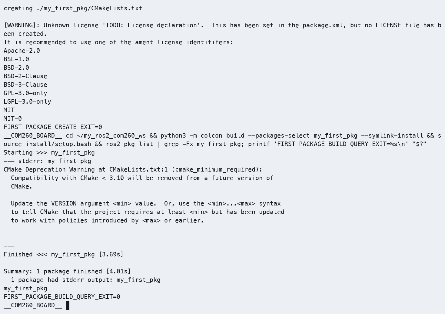 COM260 在新练习目录创建 ament_cmake 包并编译通过,加载 setup.bash 后可查询 my_first_pkg。