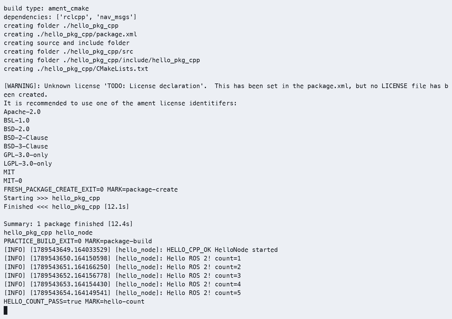 COM260 hello_node 从 1 开始逐秒计数，并正常停止。
