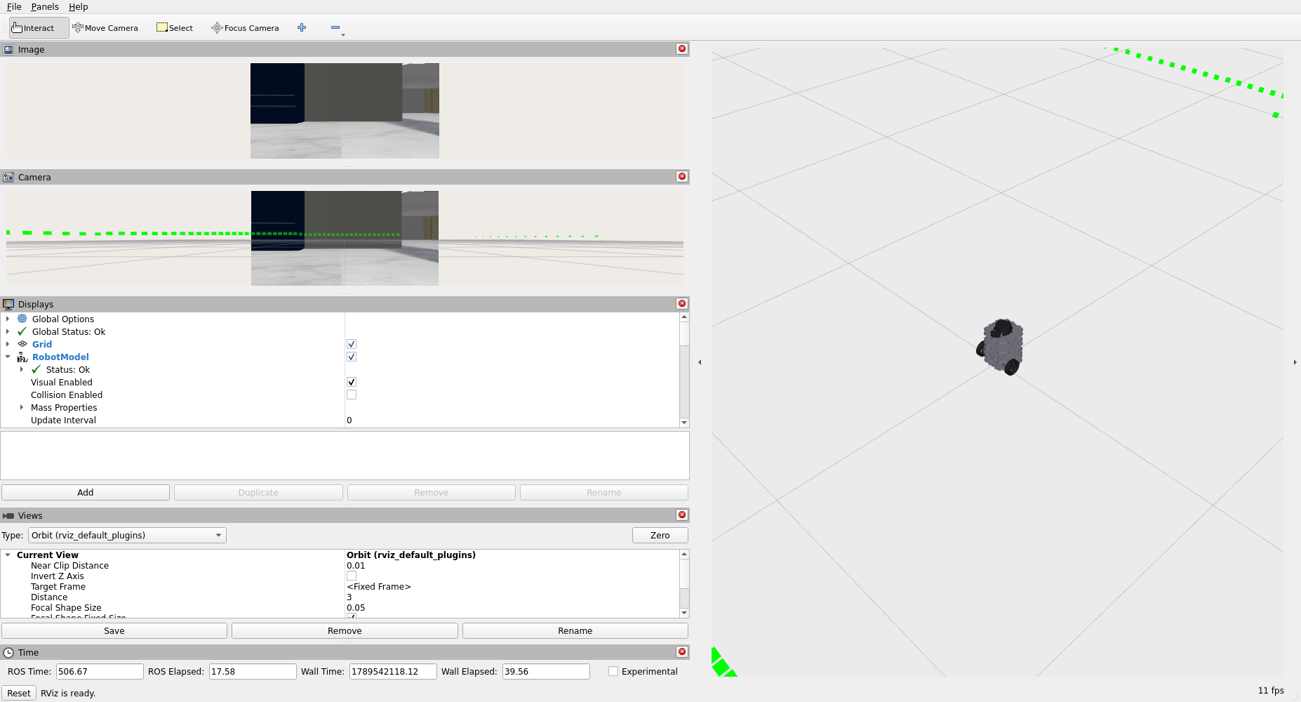 x86 RViz 中 Burger 分层车体、轮子与顶部雷达可辨；RobotModel 和全局状态为 OK。