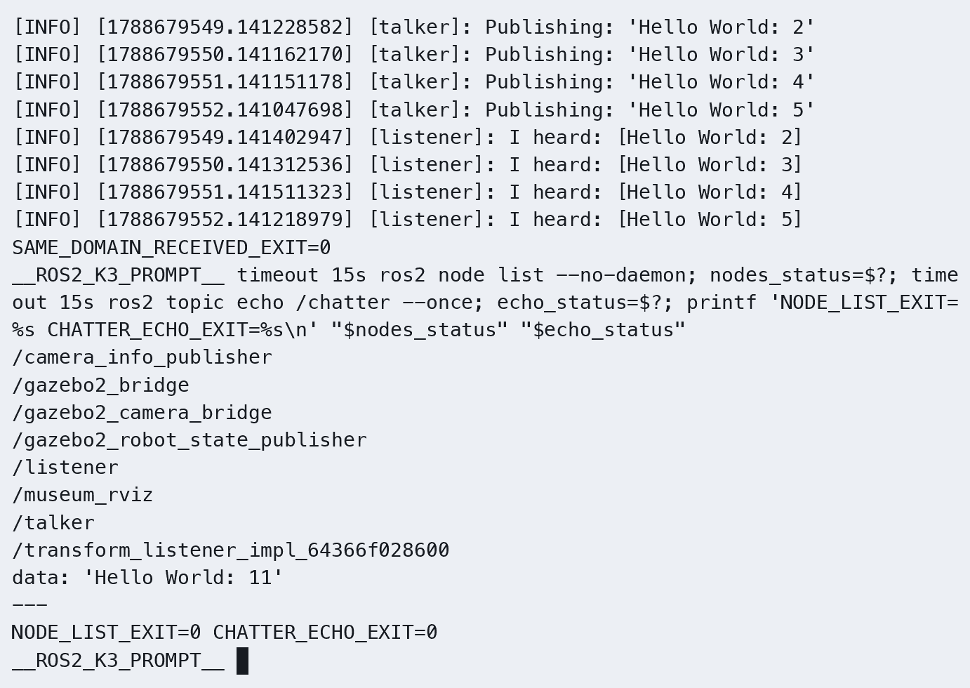 K3 上 talker 发布、listener 接收，节点列表显示两个节点。